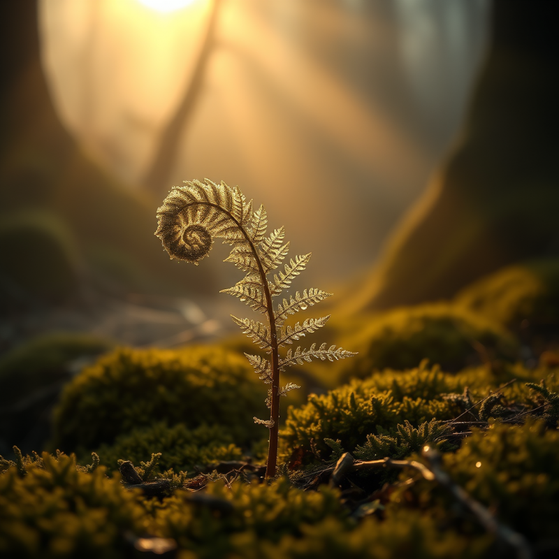 Delicate Unfurling Fern Sprout Bathed in Golden