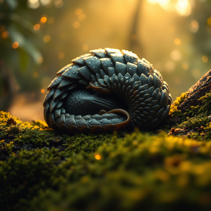 Detailed Pangolin Curled in a Mossy Forest, Bathed