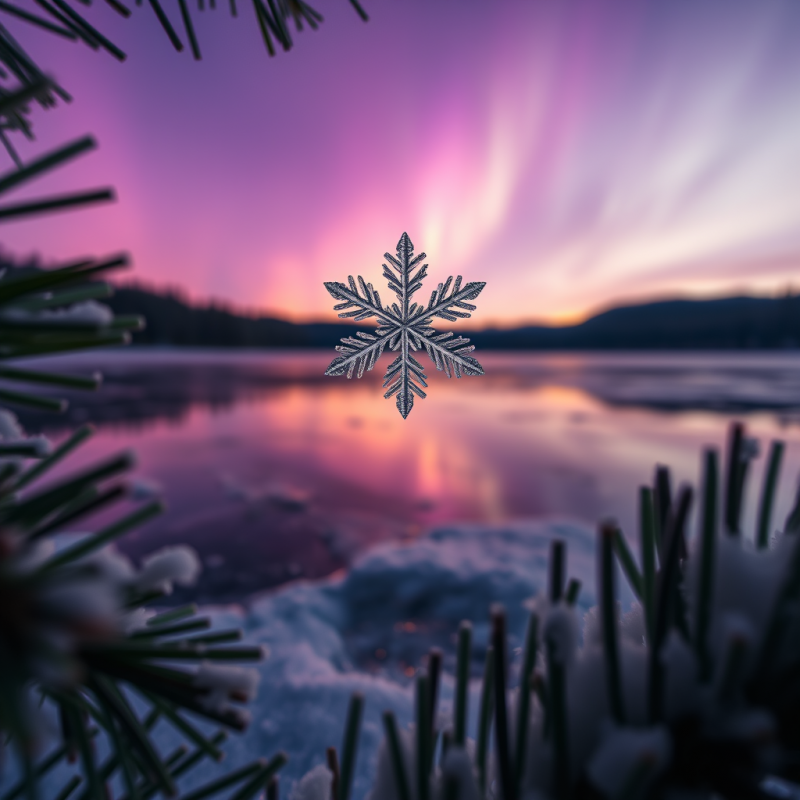 Detailed Snowflake Hovers Above a Frozen Lake Framed
