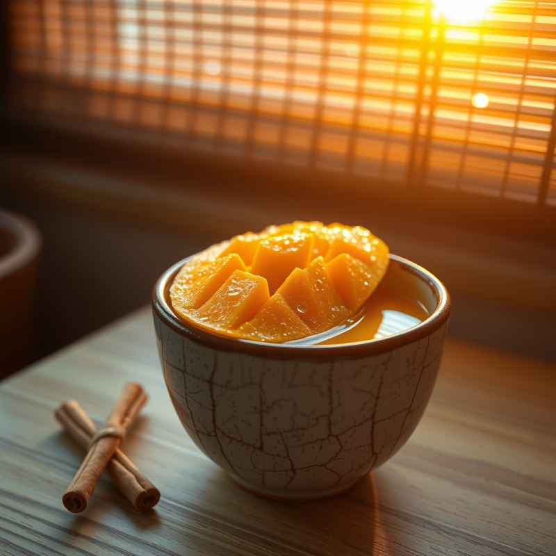 Dew-covered Mango Slice Resting Atop a Cracked Ceramic ...