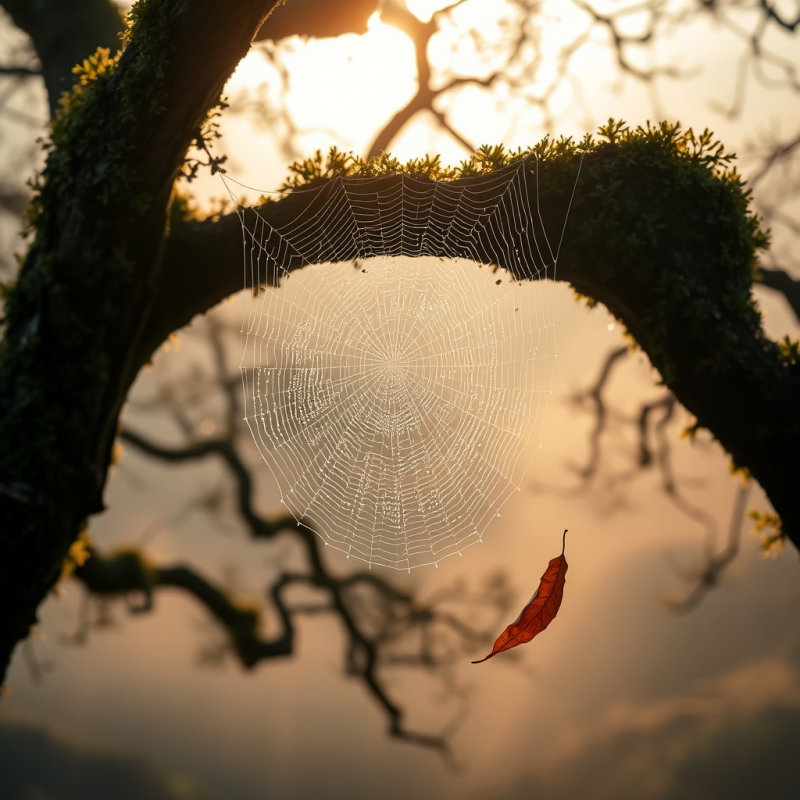 Dew-covered Spiderweb Glistening with Iridescent Drople...