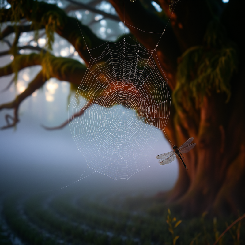 Dew-covered Spiderweb Glistening with Iridescent Rainbo...