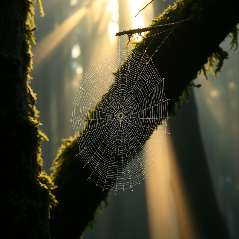 Dew-covered Spiderweb Glistens with Prism-like Rainbows...