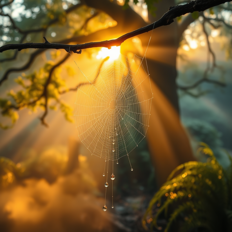 Dew-covered Spiderweb Glows with Iridescent Droplets At...