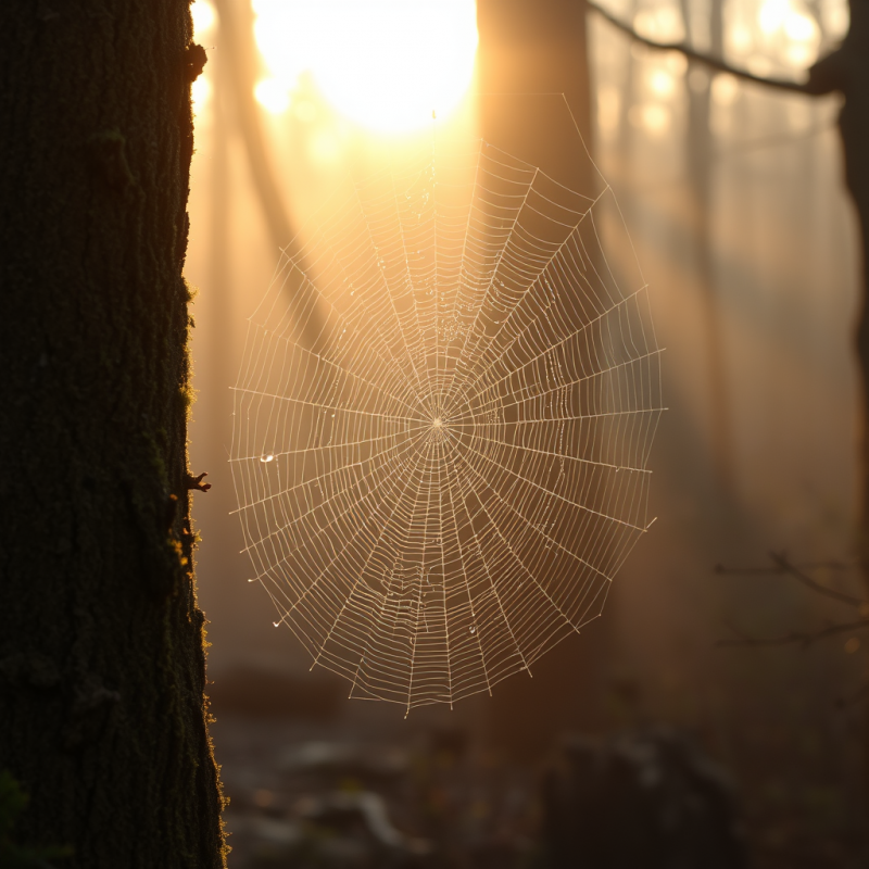 Dew-drenched Spiderweb Glistening with Prism-like Rainb...