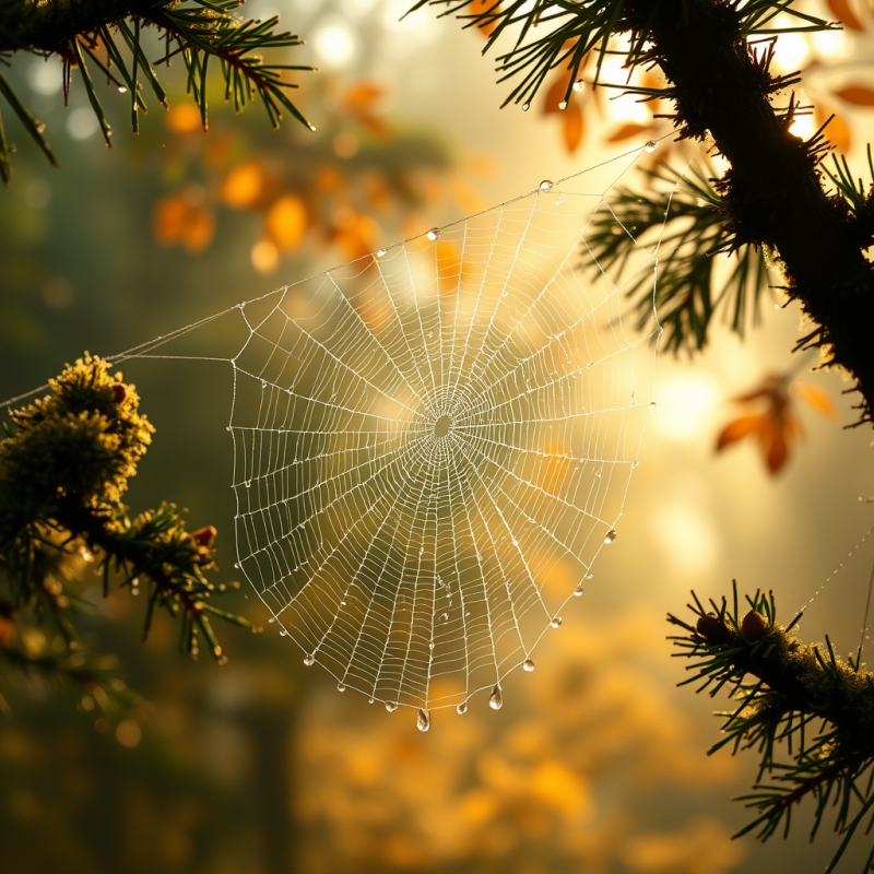 Dew-drenched Spiderweb Stretched Taut Between Two Moss-...