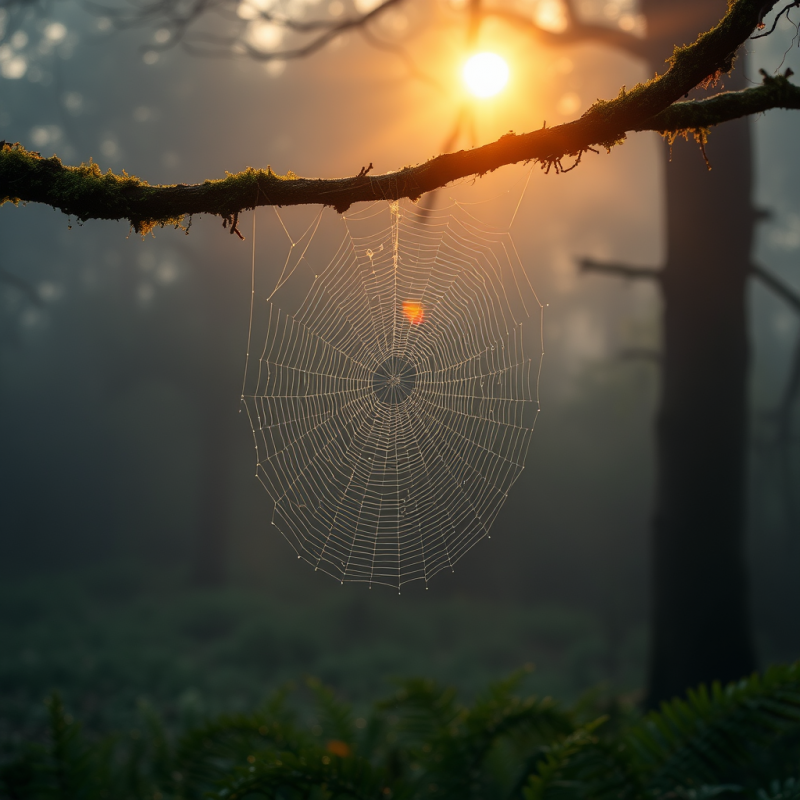 Dew-kissed Spiderweb Glistens with Prismatic Rainbows U...