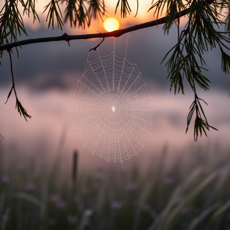 Dew-kissed Spiderweb Glows Amber at Dawn