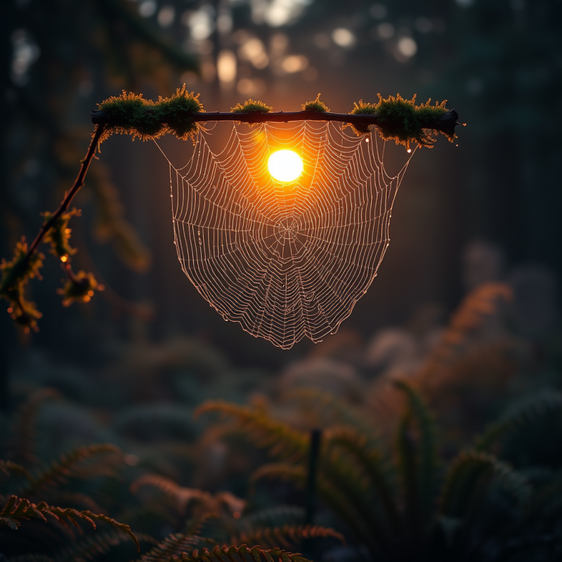 Dew-kissed Spiderweb Strung Between Two Moss-draped Ced...