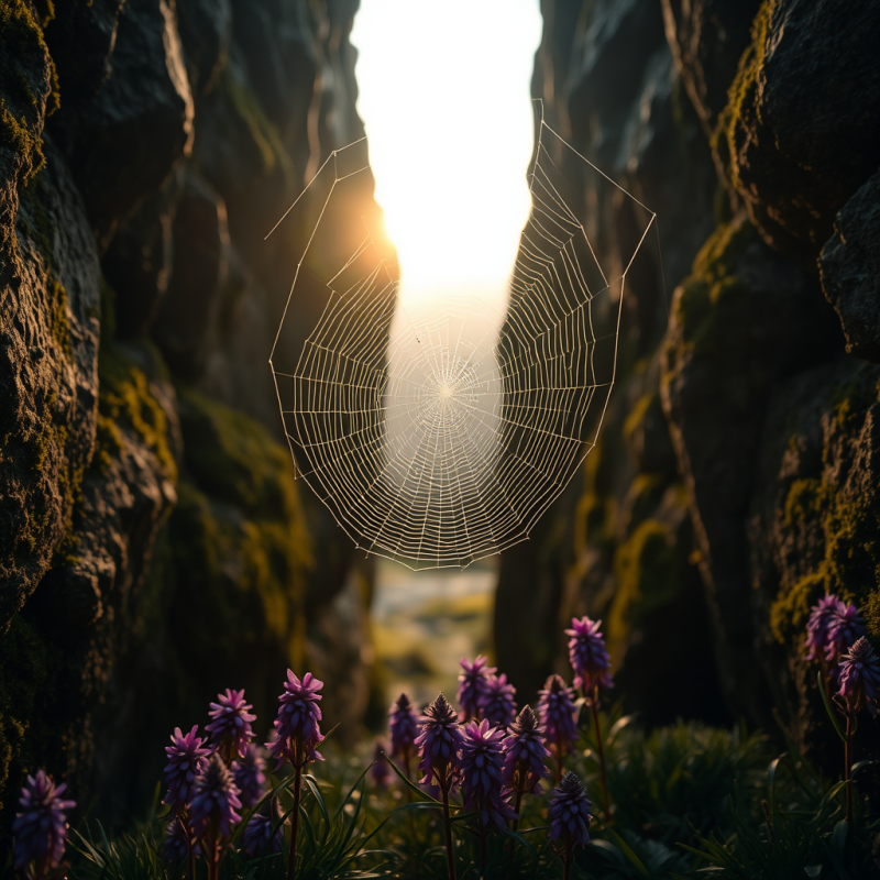 Dew-laden Spiderweb Glistening Under Golden Hour Light