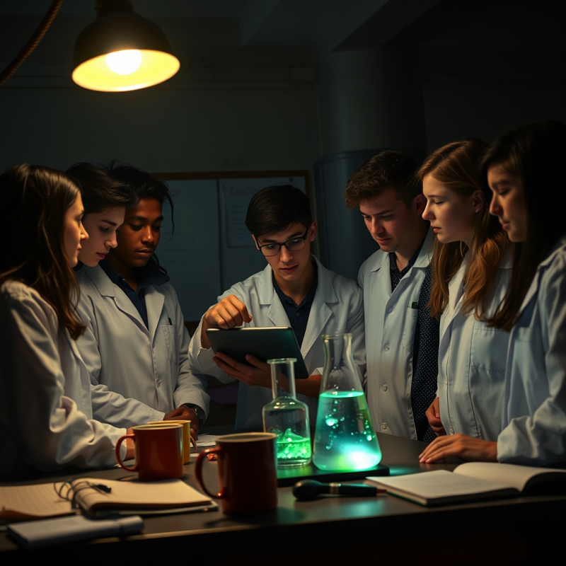 Dimly Lit High School Science Lab at Midnight