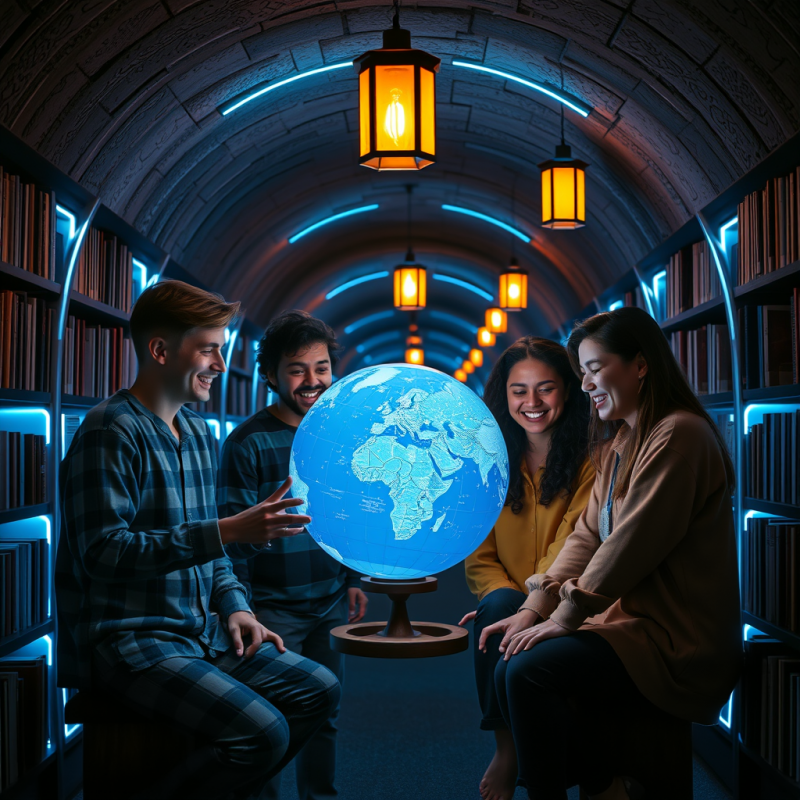 Dimly Lit Underground Library Tunnel with Glowing Neon-...