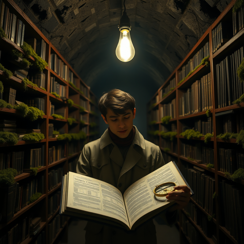 Dimly Lit Underground Library with Moss-covered Bookshe...