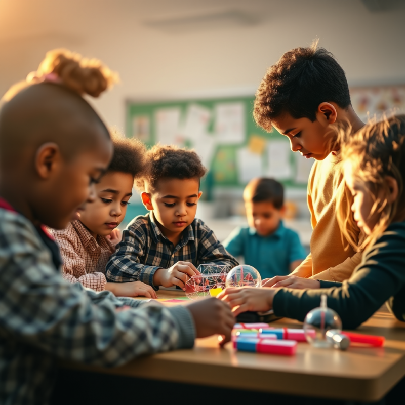 Diverse Children Engaged in Hands-on Stem Activity Classroom