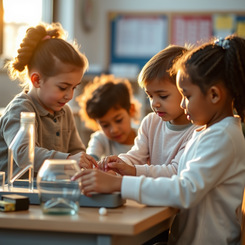 Diverse Children Engaged in Hands-on Stem Activity Classroom