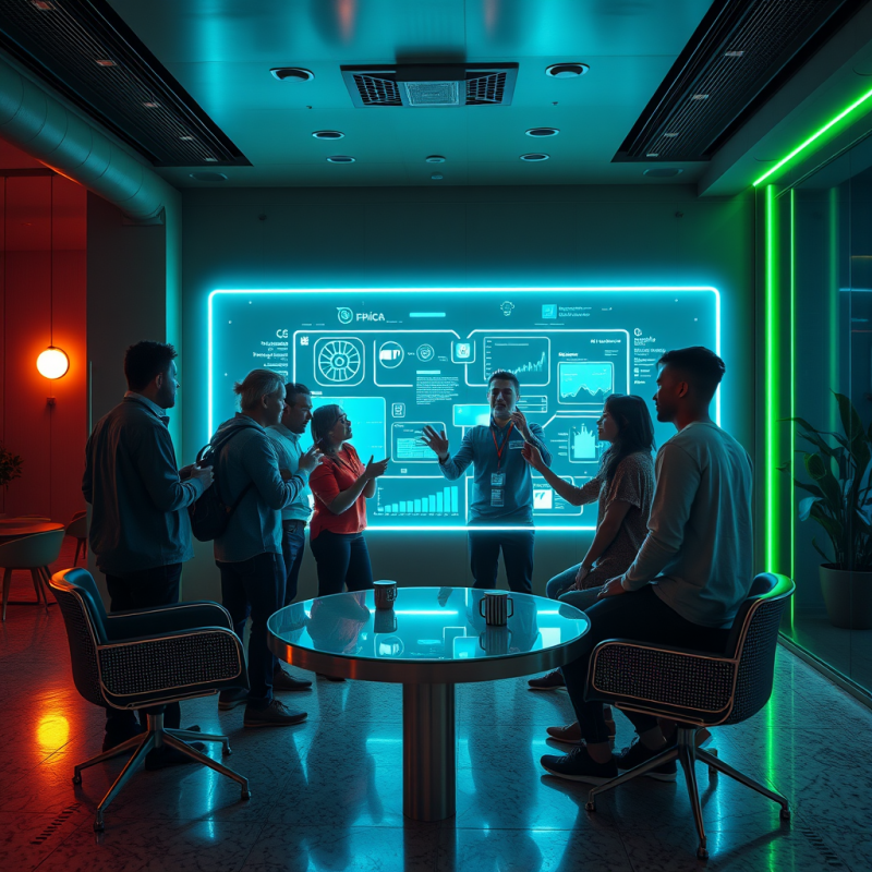 Diverse Team Collaborates Around a Glowing Table in