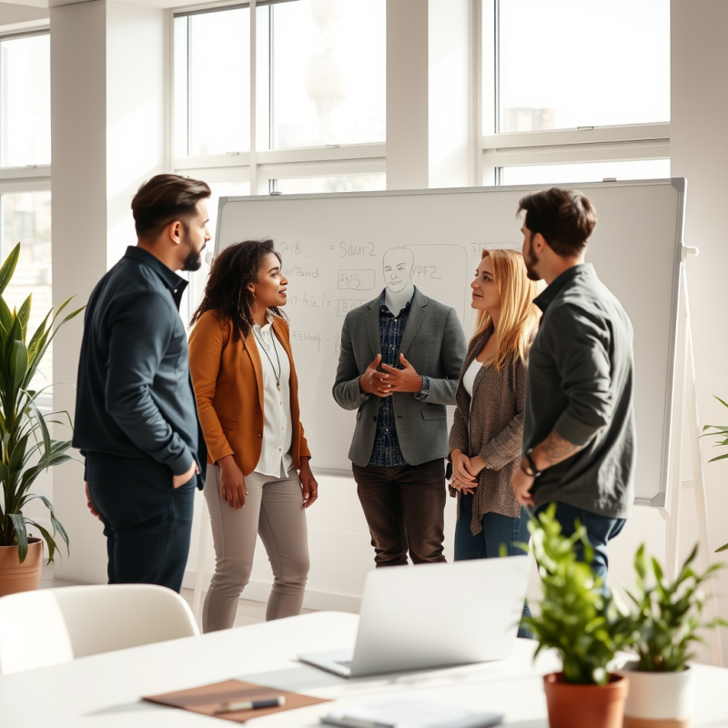 Diverse Team Collaborating at Whiteboard in Modern Bright...
