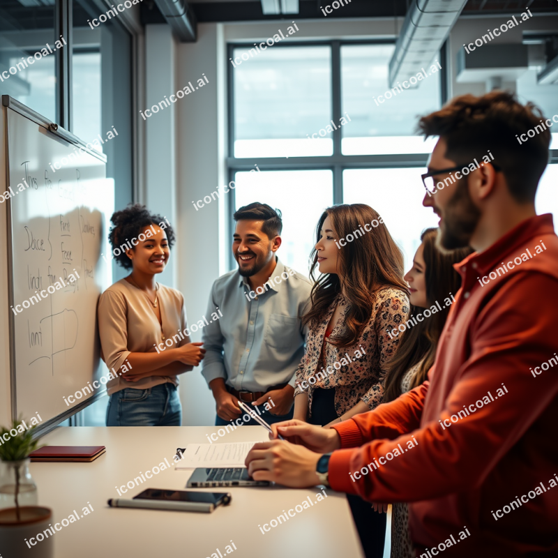 Diverse Team Collaborating At Whiteboard In Modern Bright...