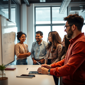 Diverse Team Collaborating At Whiteboard In Modern Bright...