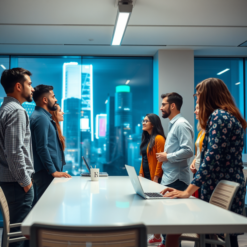 Diverse Team Collaborating at Whiteboard in Modern Bright...