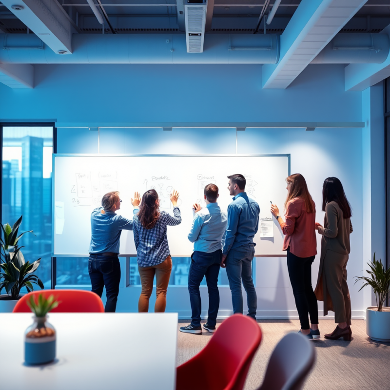 Diverse Team Collaborating at Whiteboard in Modern Bright...