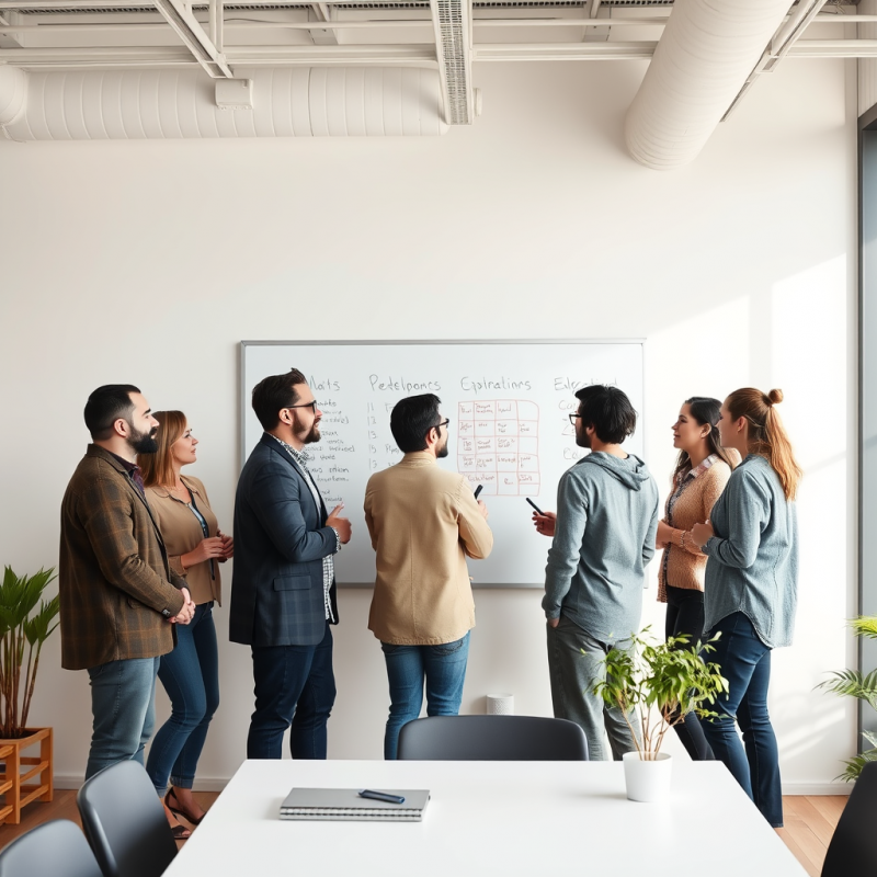 Diverse Team Collaborating at Whiteboard in Modern Bright...
