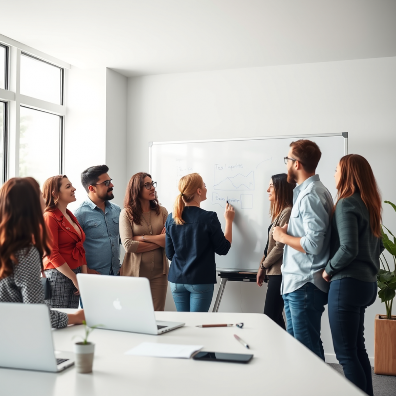 Diverse Team Collaborating at Whiteboard in Modern Bright...