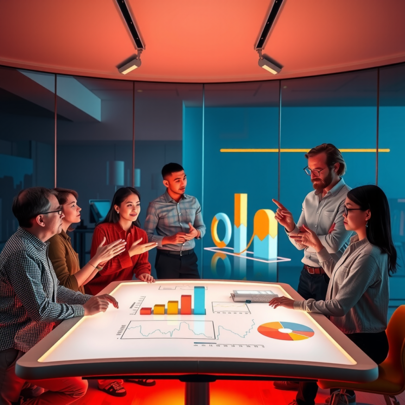 Diverse Team of 5 Entrepreneurs Huddled Around a Curved