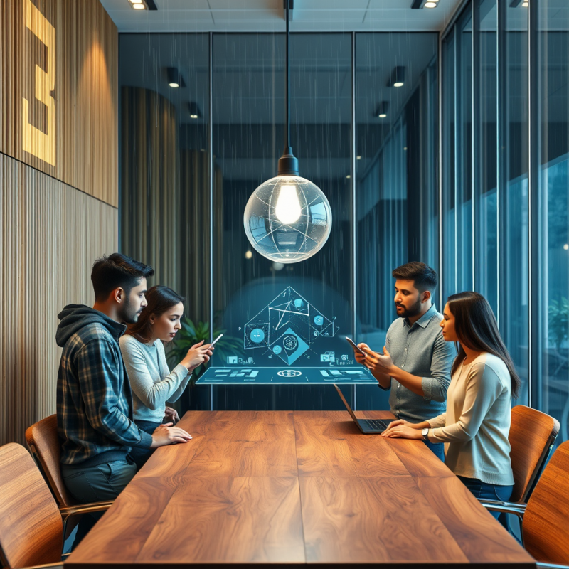 Diverse Team of 5 Entrepreneurs Huddled Under a Suspend...