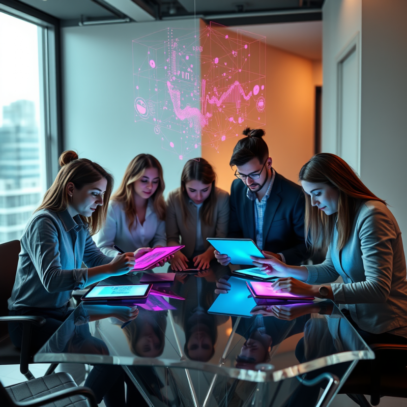 Diverse Team of Five Entrepreneurs Huddled Around a Tra...