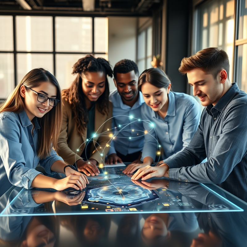 Diverse Team of Five Young Professionals Huddled Around...