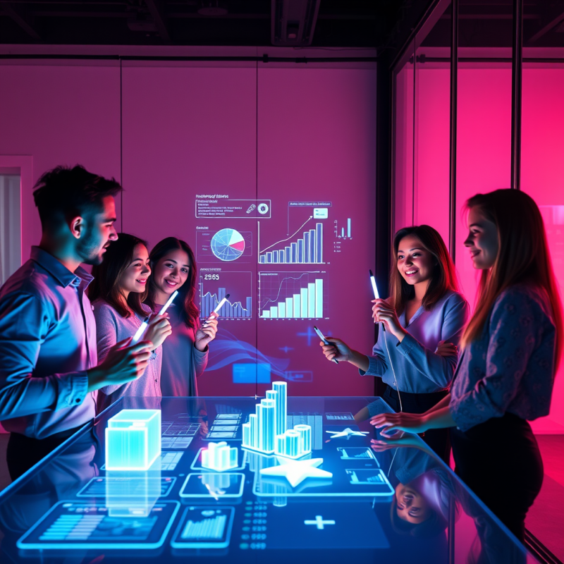 Diverse Team of Five Young Professionals in Neon-lit