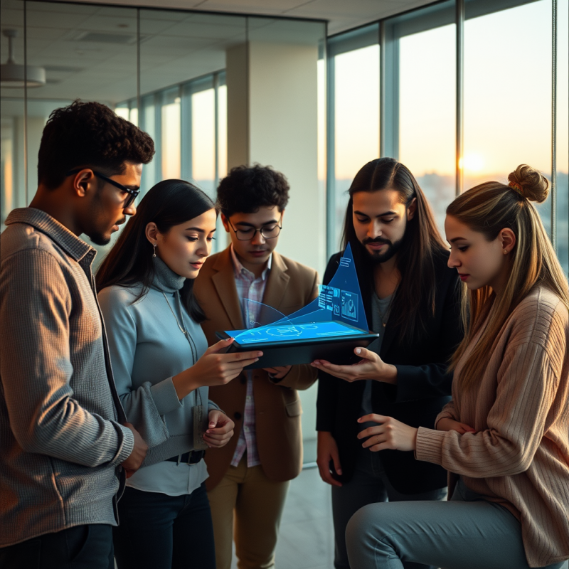 Diverse Team of Four Young Professionals Huddled Around...