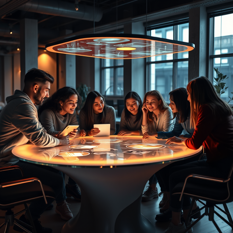 Diverse Tech Startup Team Huddled Around a Curved