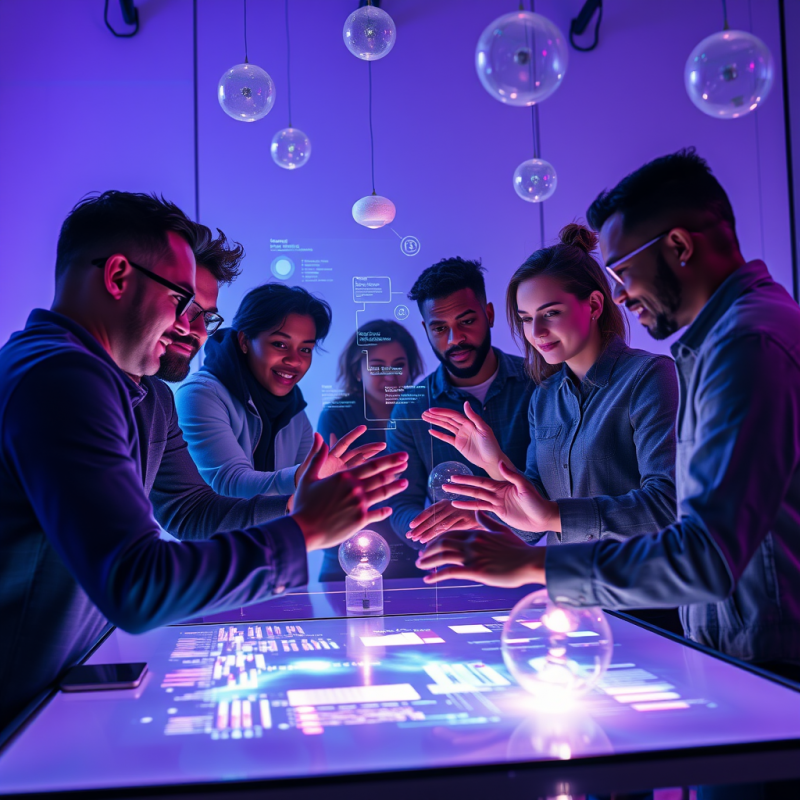 Diverse Tech Startup Team Huddled Around a Glowing