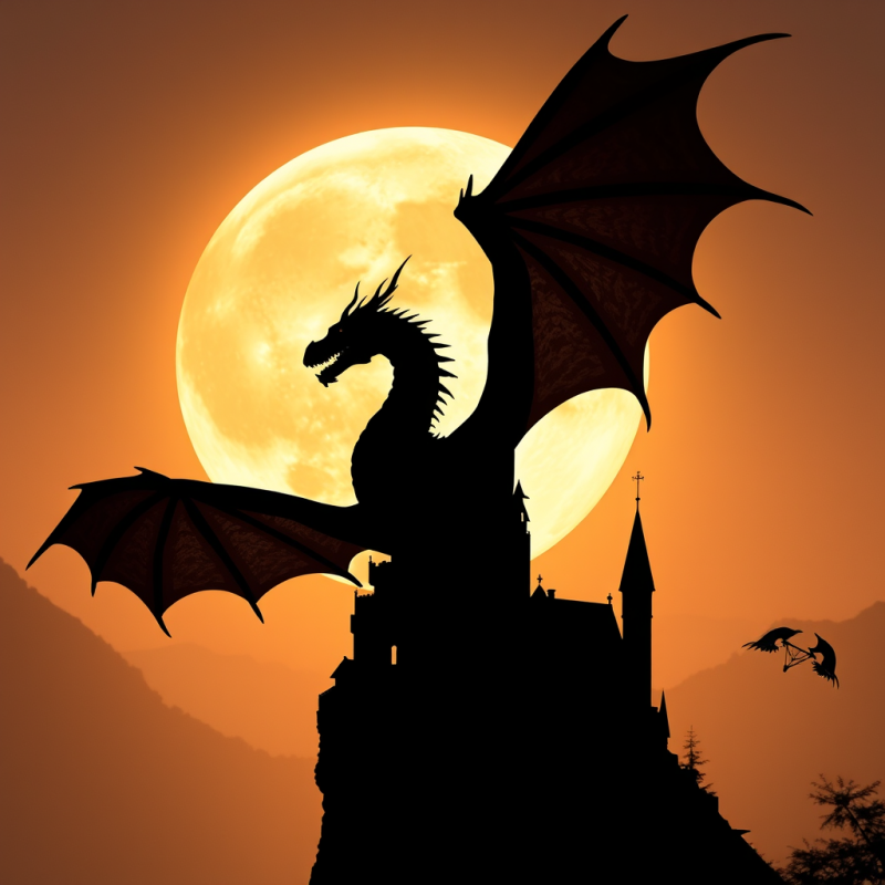 Dragon Silhouette Against Full Moon Castle Fantasy Scene