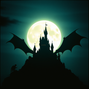 Dragon Silhouette Against Full Moon Castle Fantasy Scene