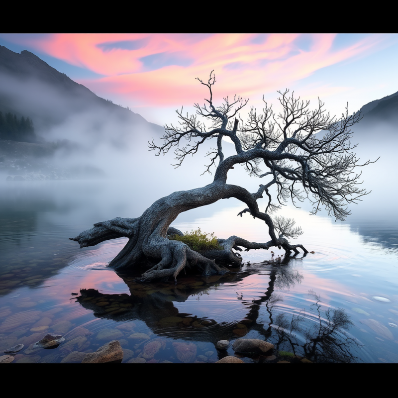 Dramatic, Bare Tree with Gnarled Roots Emerges from