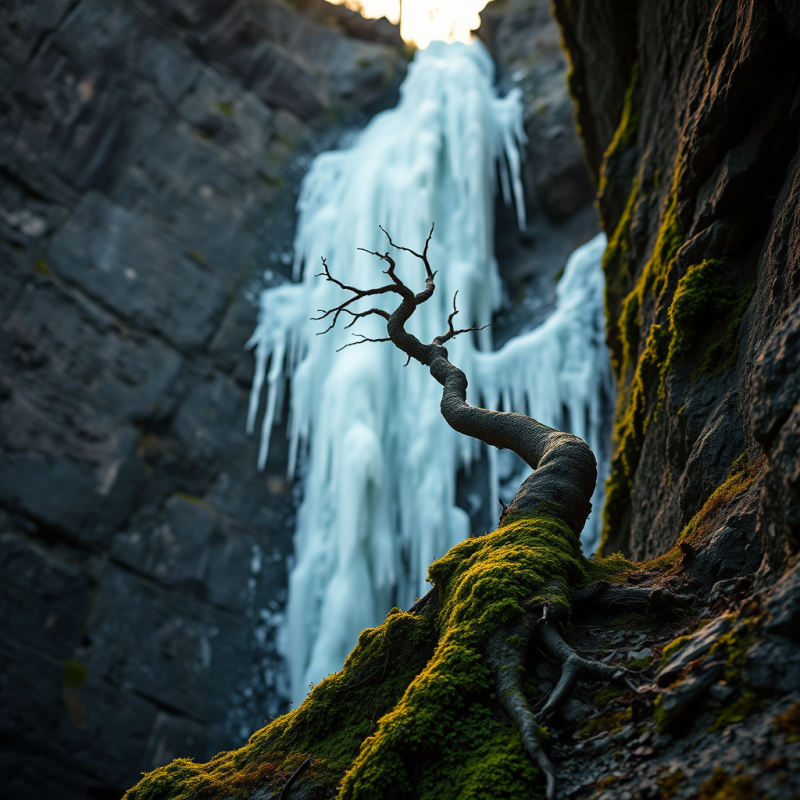 Dramatic Frozen Waterfall Cascades Down a Rocky