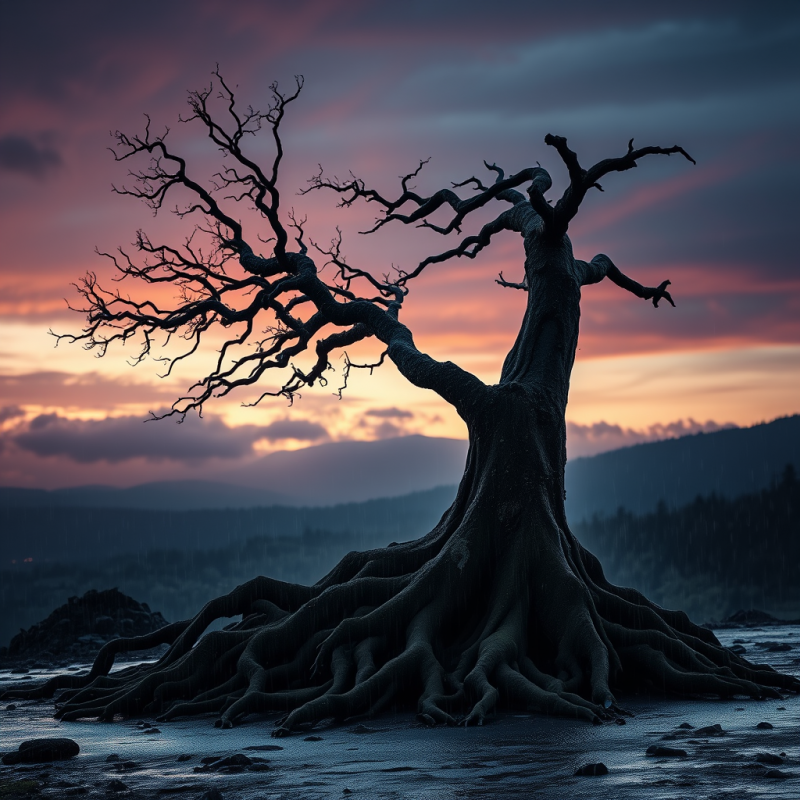 Dramatic, Leafless Tree with Sprawling Roots Stands