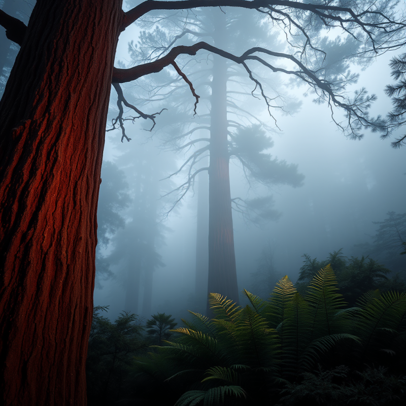 Dramatic Misty Forest Scene Featuring Towering