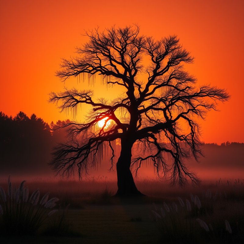 Dramatic Silhouette of a Bare, Sprawling Tree
