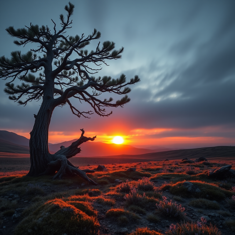 Dramatic Silhouette of a Gnarled Pine Tree Against a