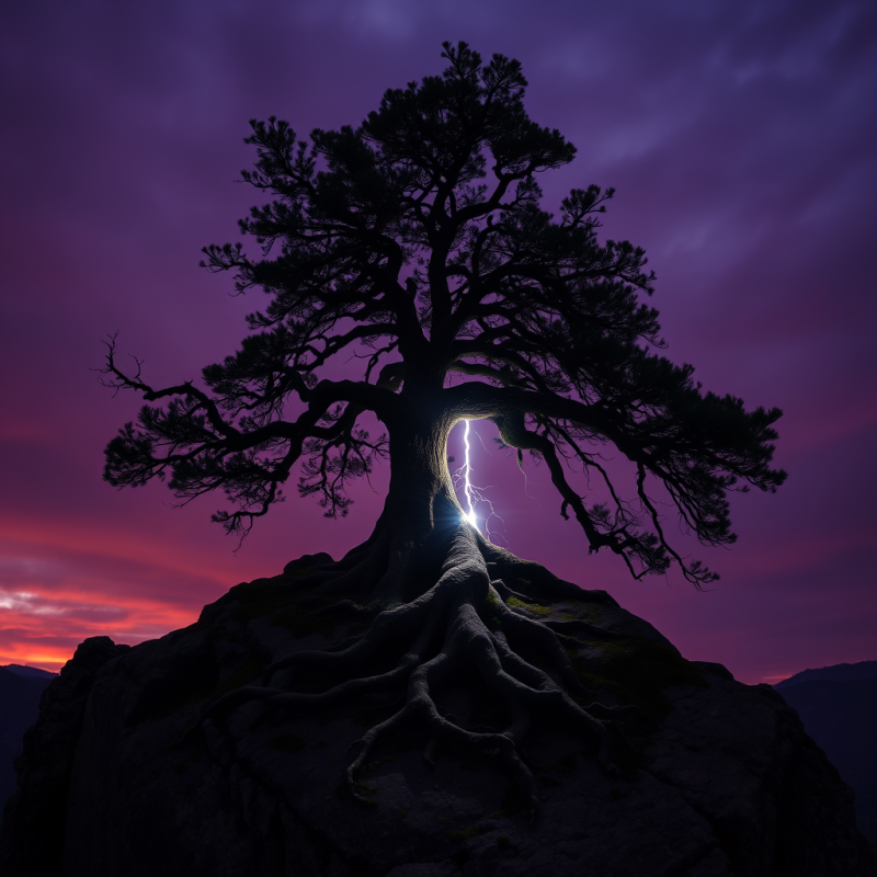 Dramatic Silhouette of a Gnarled Tree on a Rocky