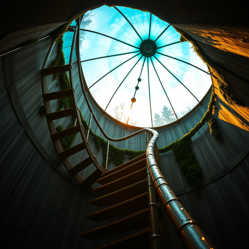 Dramatic Spiral Staircase Ascends Toward a Glowing
