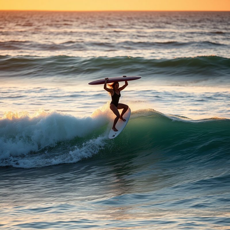 Drone Shot at Golden Hour Capturing a Lone Female Surfe...