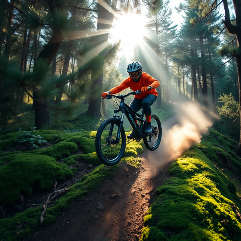 Drone-shot of a Lone Mountain Biker Mid-air Over a Moss...