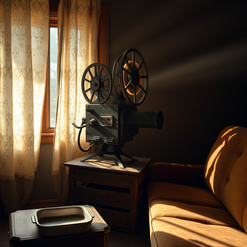 Dusty 1940s Movie Projector Perched on a Wooden Crate I...