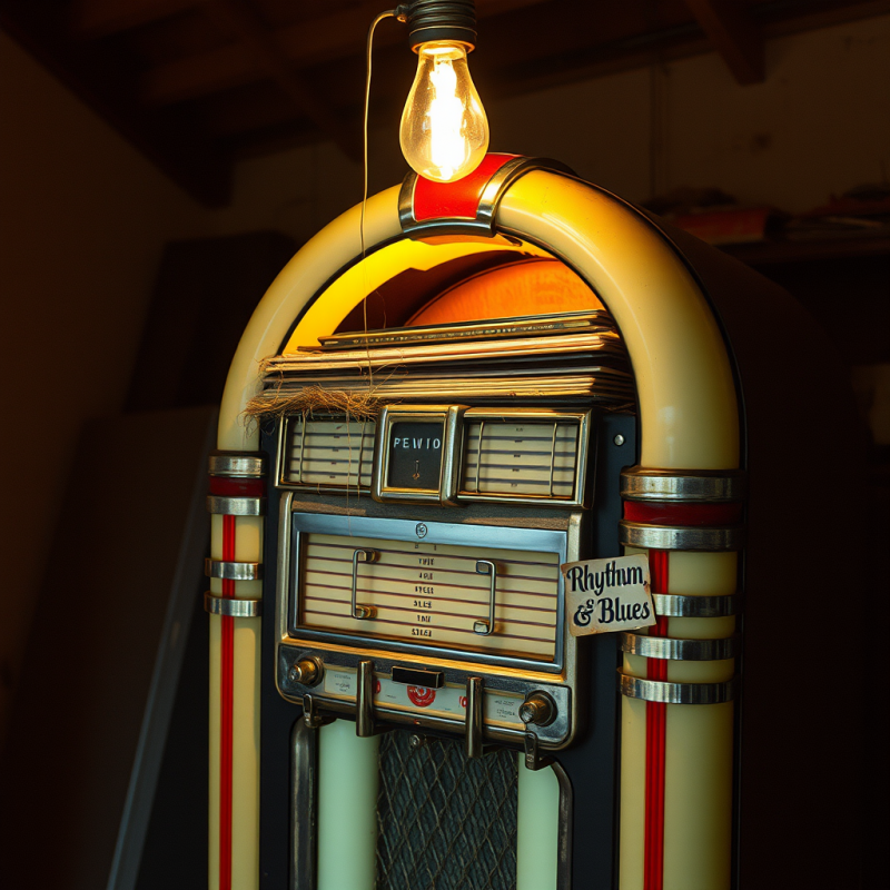 Dusty 1950s Jukebox Glowing Under a Single Bare Bulb In...