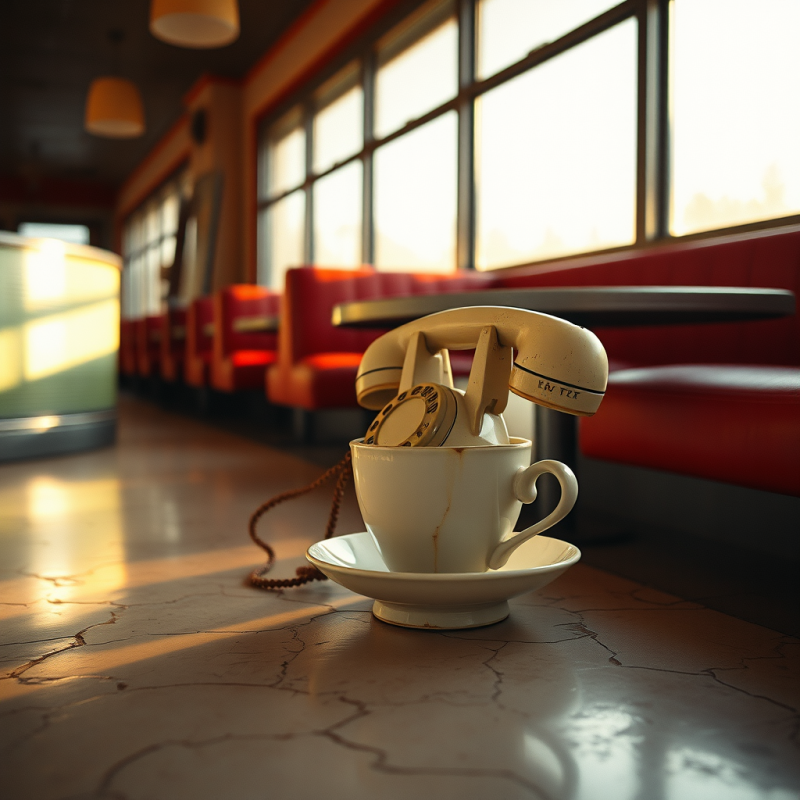 Dusty 1950s Rotary Phone Cradled in a Chipped Porcelain...